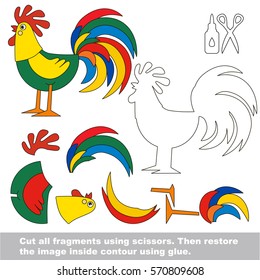 Usa tijeras y pegamento y restaura la imagen dentro del contorno. Fácil juego de papel educativo para los niños. Aplicación sencilla para niños con Cock.
