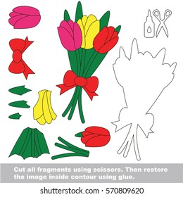 Use scissors and glue and restore the picture inside the contour. Easy educational paper game for kids. Simple kid application with Tulip Bouquet