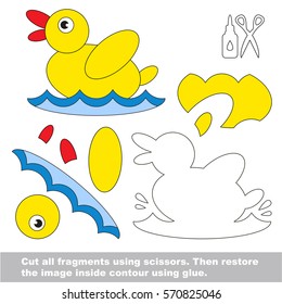 Use scissors and glue and restore the picture inside the contour. Easy educational paper game for kids. Simple kid application with Duck