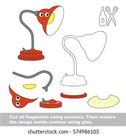 Use scissors and glue and restore the picture inside the contour. Easy educational paper game for kids. Simple kid application with Cute Red Table Lamp