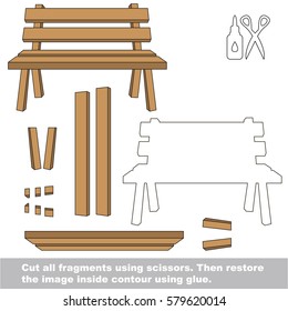 Use scissors and glue and restore the picture inside the contour. Easy educational paper game for kids. Simple kid application with Wooden Bench