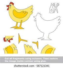 Use scissors and glue and restore the picture inside the contour. Easy educational paper game for kids. Simple kid application with Hen
