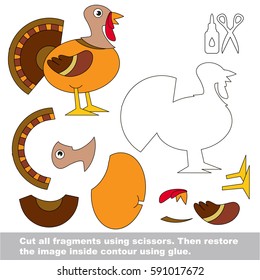 Use scissors and glue and restore the picture inside the contour. Easy educational paper game for kids. Simple kid application with Beautiful Turkey