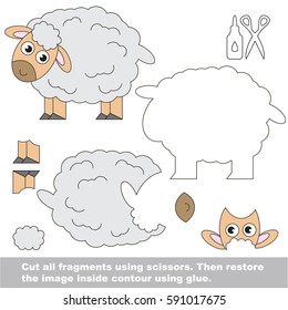 Use scissors and glue and restore the picture inside the contour. Easy educational paper game for kids. Simple kid application with Cute Beautiful Sheep