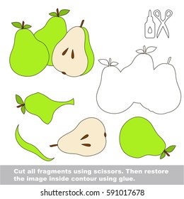 Use scissors and glue and restore the picture inside the contour. Easy educational paper game for kids. Simple kid application with Three Green Pears and Half Slice