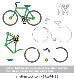 Use scissors and glue and restore the picture inside the contour. Easy educational paper game for kids. Simple kid application with Bicycle
