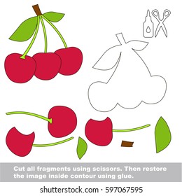 Use scissors and glue and restore the picture inside the contour. Easy educational paper game for kids. Simple kid application with Three Red Cherries