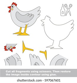 Use scissors and glue and restore the picture inside the contour. Easy educational paper game for kids. Simple kid application with White Beautiful Hen