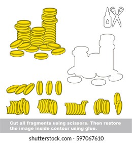 Use scissors and glue and restore the picture inside the contour. Easy educational paper game for kids. Simple kid application with Metal Gold Coins, a lot of cash money
