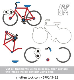 Use scissors and glue and restore the picture inside the contour. Easy educational paper game for kids. Simple kid application with Two wheeled funny bicycle