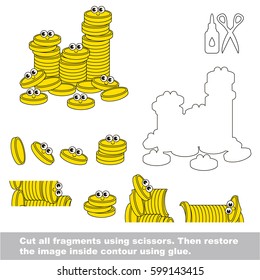 Use scissors and glue and restore the picture inside the contour. Easy educational paper game for kids. Simple kid application with A lot of Funny Gold Cash Coins