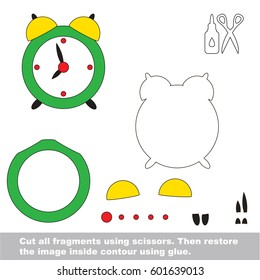 Use scissors and glue and restore the picture inside the contour. Easy educational paper game for kids. Simple kid application with Clock