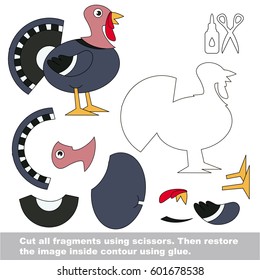 Use scissors and glue and restore the picture inside the contour. Easy educational paper game for kids. Simple kid application with Beautiful Turkey