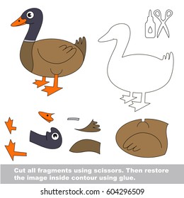 Use scissors and glue and restore the picture inside the contour. Easy educational paper game for kids. Simple kid application with Duck