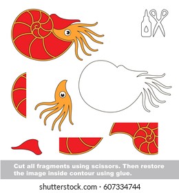 Use scissors and glue and restore the picture inside the contour. Easy educational paper game for kids. Simple kid application with Beautiful Cute Red Nautilus.