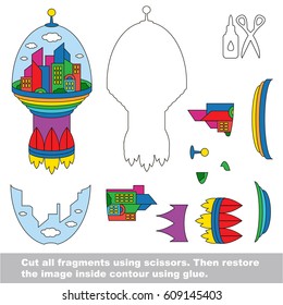 Use scissors and glue and restore the picture inside the contour. Easy educational paper game for kids. Simple kid application with Space City