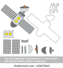 Use scissors and glue and restore the picture inside the contour. Easy educational paper game for kids. Simple kid application with Space Station