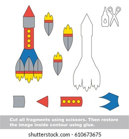 Use scissors and glue and restore the picture inside the contour. Easy educational paper game for kids. Simple kid application with Rocket