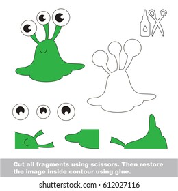 Use scissors and glue and restore the picture inside the contour. Easy educational paper game for kids. Simple kid application with Funny Green three Eyes Alien Slug