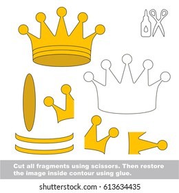 Use scissors and glue and restore the picture inside the contour. Easy educational paper game for kids. Simple kid application with Gold Princess Crown