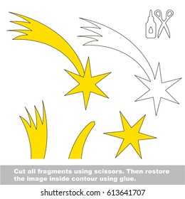 Use scissors and glue and restore the picture inside the contour. Easy educational paper game for kids. Simple kid application with Fallen Comet Star