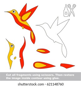 Use scissors and glue and restore the picture inside the contour. Easy educational paper game for kids. Simple kid application with Hummingbird