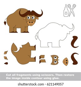Use scissors and glue and restore the picture inside the contour. Easy educational paper game for kids. Simple kid application with Bull