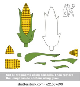 Use scissors and glue and restore the picture inside the contour. Easy educational paper game for kids. Simple kid application with Corn Maize