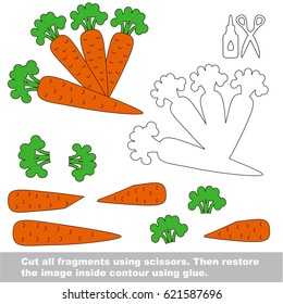 Use scissors and glue and restore the picture inside the contour. Easy educational paper game for kids. Simple kid application with Carrots