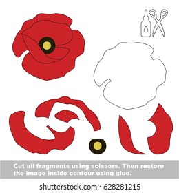 Use scissors and glue and restore the picture inside the contour. Easy educational paper game for kids. Simple kid application with Red Poppy Head