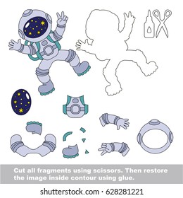 Use scissors and glue and restore the picture inside the contour. Easy educational paper game for kids. Simple kid application with Astronaut