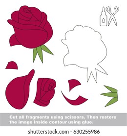 Use scissors and glue and restore the picture inside the contour. Easy educational paper game for kids. Simple kid application with Red Rose Head