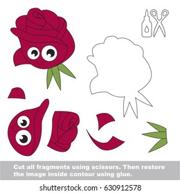 Use scissors and glue and restore the picture inside the contour. Easy educational paper game for kids. Simple kid application with Funny Rose Face
