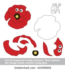 Use scissors and glue and restore the picture inside the contour. Easy educational paper game for kids. Simple kid application with Funny Poppy Head