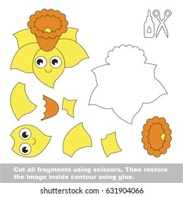 Use scissors and glue and restore the picture inside the contour. Easy educational paper game for kids. Simple kid application with Yellow Funny Narcissus