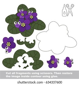 Use scissors and glue and restore the picture inside the contour. Easy educational paper game for kids. Simple kid application with Funny Flower Violets