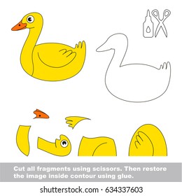 Use scissors and glue and restore the picture inside the contour. Easy educational paper game for kids. Simple kid application with Yellow Wild Duck