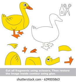 Use scissors and glue and restore the picture inside the contour. Easy educational paper game for kids. Simple kid application with Beautiful Yellow Duck