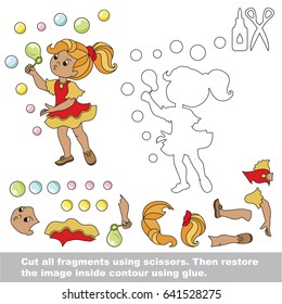 Use scissors and glue and restore the picture inside the contour. Easy educational paper game for kids. Simple kid application with Girl Playing Soap Bubbles