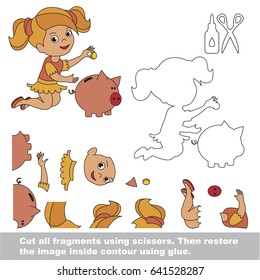 Use scissors and glue and restore the picture inside the contour. Easy educational paper game for kids. Simple kid application with Reach Girl Save Money in Piggy Bank