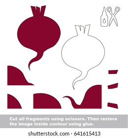 Use scissors and glue and restore the picture inside the contour. Easy educational paper game for kids. Simple kid application with Beet