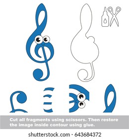 Use scissors and glue and restore the picture inside the contour. Easy educational paper game for kids. Simple kid application with Funny Treble Clef