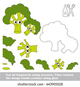 Use scissors and glue and restore the picture inside the contour. Easy educational paper game for kids. Simple kid application with Funny Green Broccoli