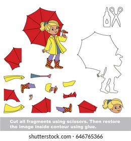 Use scissors and glue and restore the picture inside the contour. Easy educational paper game for kids. Simple kid application with Autumn Girl with Red Umbrella