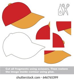 Use scissors and glue and restore the picture inside the contour. Easy educational paper game for kids. Simple kid application with Cap