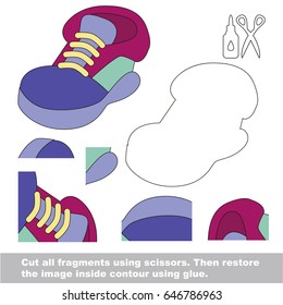 Use scissors and glue and restore the picture inside the contour. Easy educational paper game for kids. Simple kid application with Sneaker