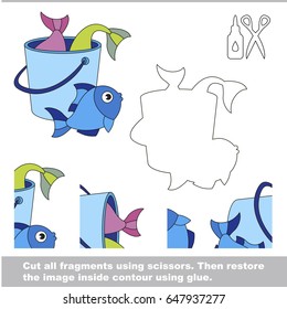 Use scissors and glue and restore the picture inside the contour. Easy educational paper game for kids. Simple kid application with Bucket with fish catch