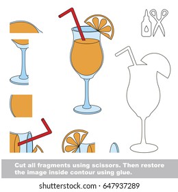 Use scissors and glue and restore the picture inside the contour. Easy educational paper game for kids. Simple kid application with Drink Orange Juice