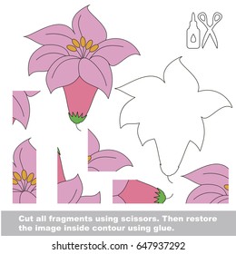 Use scissors and glue and restore the picture inside the contour. Easy educational paper game for kids. Simple kid application with Pink Lilia