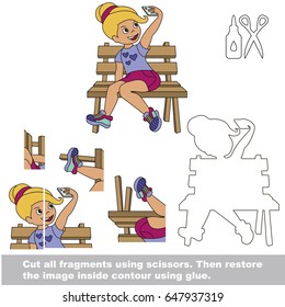 Use scissors and glue and restore the picture inside the contour. Easy educational paper game for kids. Simple kid application with Blondy Girl Self Shot